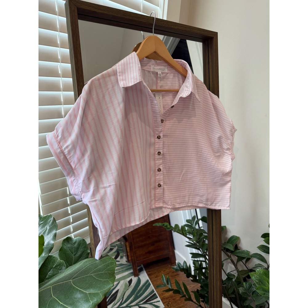 B Famous Pink White Stripe Cropped Collared Button Up Shirt Women L Boxy Croped